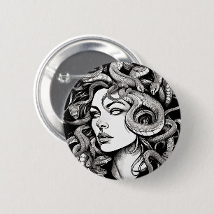 Medusa hoofd tattoo stijl ronde button 5,7 cm