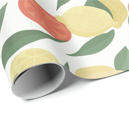 Meel en sinaasappel vruchten met bladeren op witte cadeaupapier (Rol Hoek)