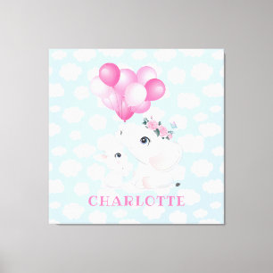Meelevende olifant en konijn met bloemen en ballon canvas afdruk