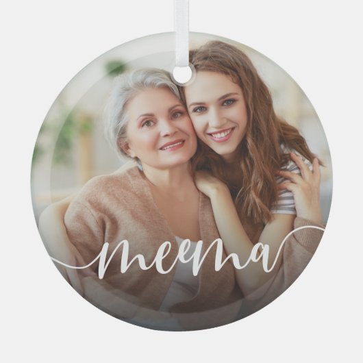 Meema Grandma Script Overlay Glas Ornament (Voorkant)