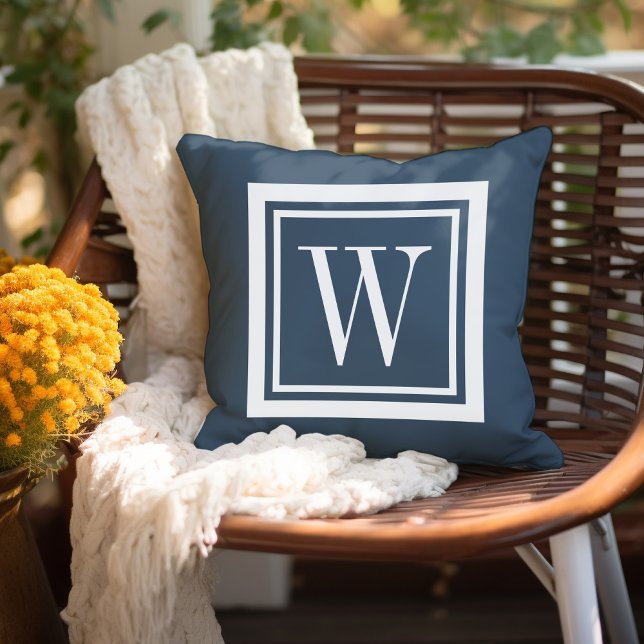 Meer Blauw en Wit Klassiek Vierkant Monogram Buitenkussen (Creator heeft geüpload)
