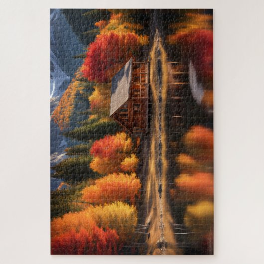 Meer en hut met herfstbomen legpuzzel (Verticaal)