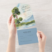 Meer Evergreen Dusty Blue Waterverf Wedding All In One Uitnodiging (Afscheurbaar)