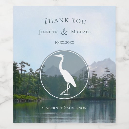 Meer in de bergen rustieke natuur heron bruiloft wijn etiket (Enkel label)