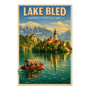 Meer van Bled, Slovenië, in klassieke retro-stijl Perfect Poster