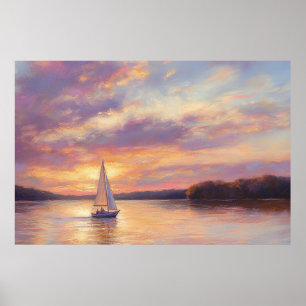 Meer van de Ozarks Zonsondergang Zeilboot Aquarel Poster