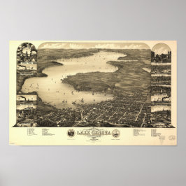 Meer van Genève WI 1882 Antiek Panoramische Kaart Poster