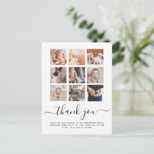 Meerdere foto collage chic schrift baby bedankt ka briefkaart (Staand voorkant)
