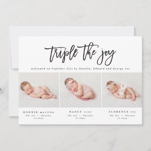 Meerdere foto's moderne tripletgeboorteaankondigin aankondiging (Voorkant)