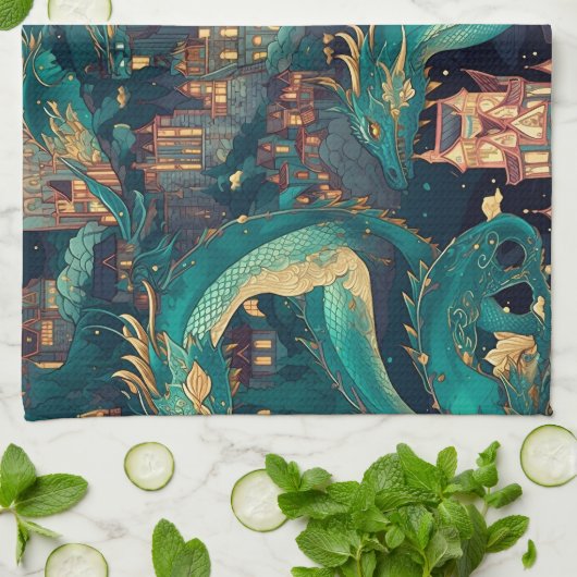 Meerderlijke Blauwgroen dragons en dorp Theedoek (Gevouwen)