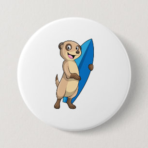 Meerkat als surfer met surfboard ronde button 7,6 cm