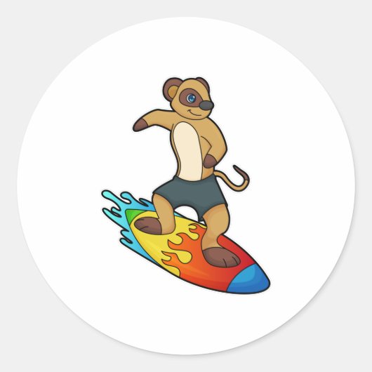 Meerkat als surfer met surfboard ronde sticker (Voorkant)