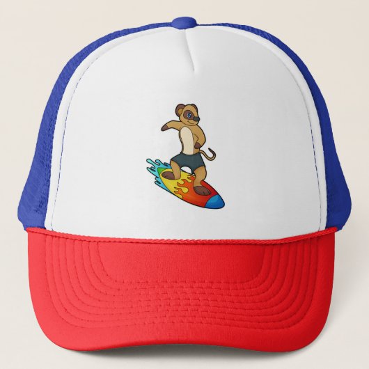 Meerkat als surfer met surfboard trucker pet (Voorkant)