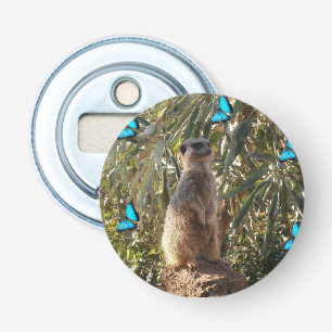 Meerkat en blauwe vlinders, button flesopener