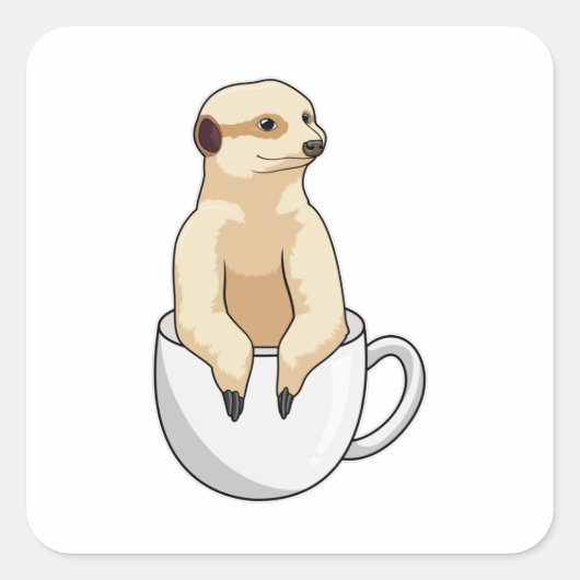 Meerkat met beker koffie vierkante sticker (Voorkant)