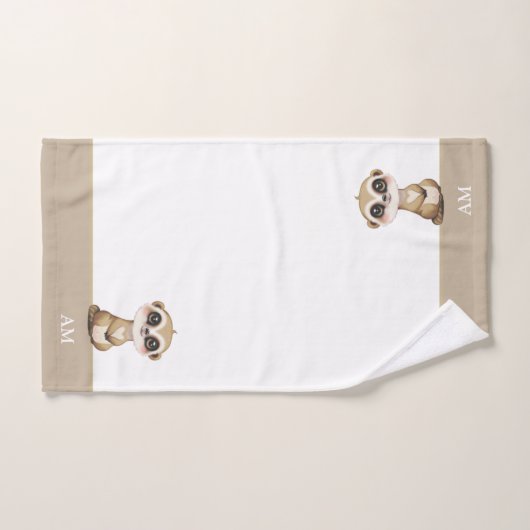 Meerkat & Monogramme sur Beige & Blanc (Serviette à main)
