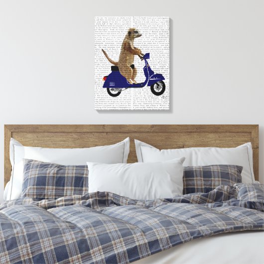 Meerkat op Donkere Blauwe Moped Canvas Afdruk (Insitu (Slaapkamer))