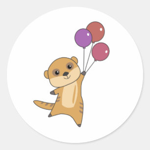 Meerkat vliegt met ballonnen en stoot dieren op vo ronde sticker