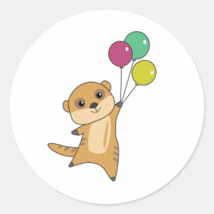 Meerkat vliegt met ballonnen en stoot dieren op vo ronde sticker