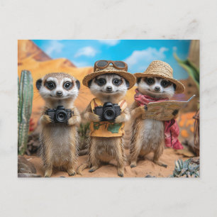 Meerkatten verkleed als toeristen met camera's en briefkaart