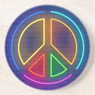 Meerkleurig neonsymbool voor het vredesteken zandsteen onderzetter