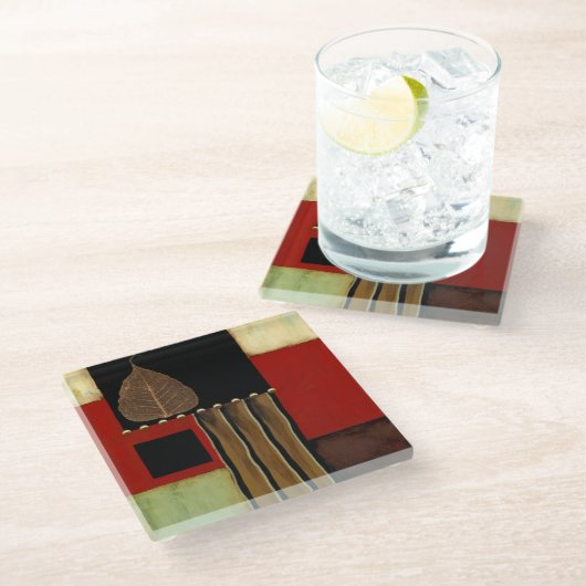 Meerkleurig paneelschilderij met bruin leder glazen onderzetter (Schuin)