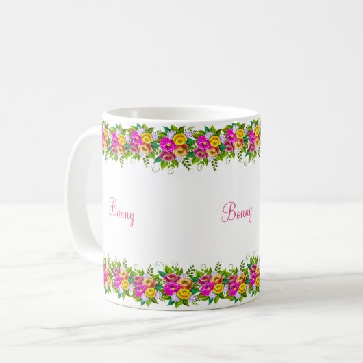 Meerkleurige bloemen en kalligrafie koffiemok (Voorkant links)