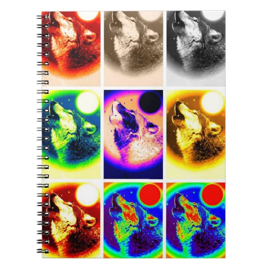 Meerkleurige Howling Wolf op Moon Pop Art Notitieb Notitieboek (Voorkant)