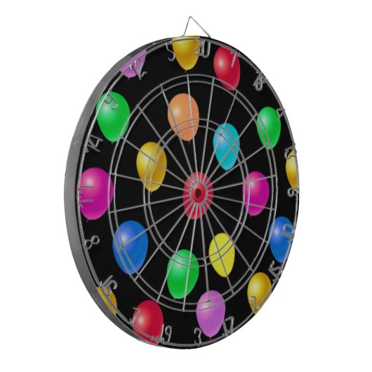 Meerkleurige partijballonnen op zwart dartbord (Voorkant Links)