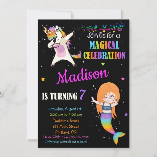 Meermaid en Unicorn-verjaardagsuitnodiging Dabbing Kaart (Voorkant)