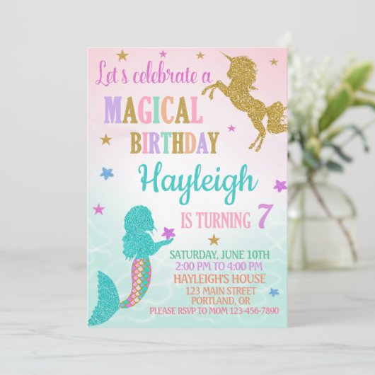 Meermaid en Unicorn verjaardagsuitnodiging Kaart (Staand voorkant)