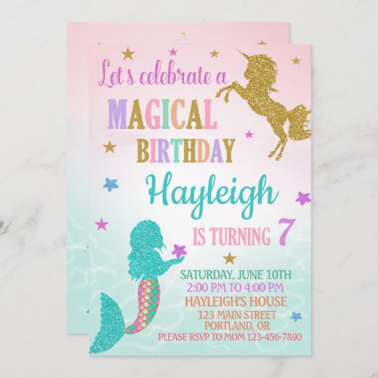 Meermaid en Unicorn verjaardagsuitnodiging Kaart (Voorkant / Achterkant)