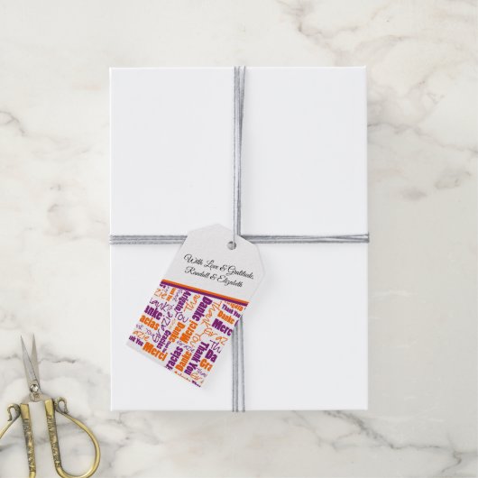 Meertalig Dank je wel Typografie Paars Sinaasappel Cadeaulabel (Met Touw)