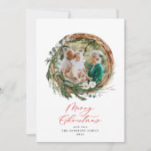 Meervoudig blad met vrolijk kerstscript rood feestdagenkaart (Voorkant)