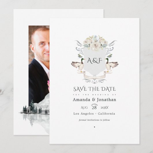 Meerzijde Monogram Wapen Wedding Foto Save The Date (Voorkant / Achterkant)