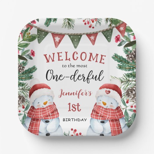 Meest eenDerful | Sneeuwman Kerstmis 1e Verjaardag Papieren Bordje (Voorkant)