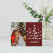 Meest Wonderful Time of the Year Red Script Foto Feestdagenkaart (Staand voorkant)