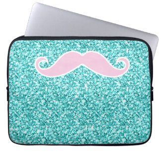 MEESTAL PINK MUSTACHT OP BLAUWGROEN GLITTER EFFECT LAPTOP SLEEVE