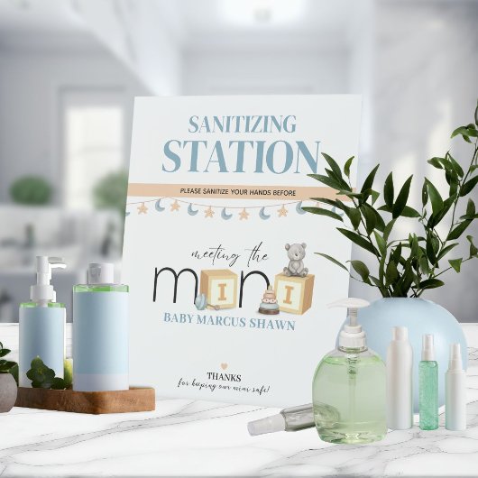 Meet The Mini Blue Sanitizing Station Sign Reclamebord Met Voetstuk