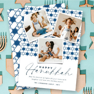 Meetkundige Navy Blauwe Davidsterren Hanukkah Foto Feestdagenkaart