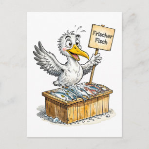 Meeuw bij verse vis kraam aan de kust briefkaart