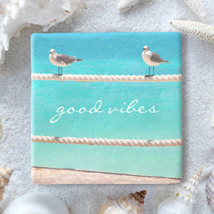 Meeuw Vogels Turquoise Oceaan Foto Goede Vibes Stenen Onderzetter