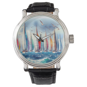 Meeuwen zweven boven een zeilbootregatta horloge