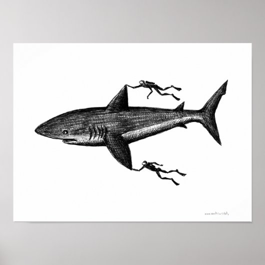 Megalodon shark and divers coole inkttekening poster (Voorkant)