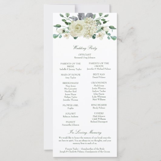 Megan White Floral Greenery Programme de mariage (Dos)
