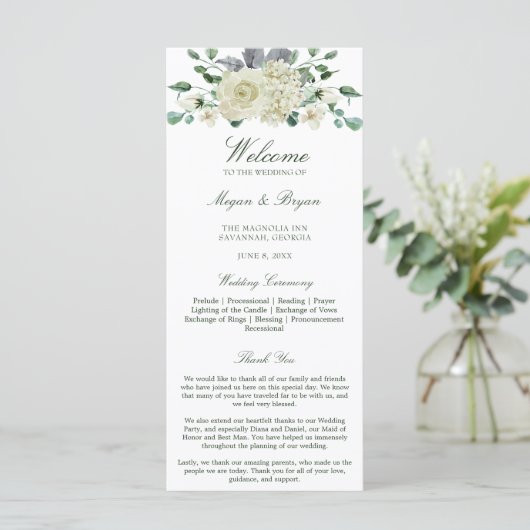 Megan White Floral Greenery Programme de mariage (Debout devant)