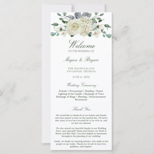 Megan White Floral Greenery Programme de mariage (Devant)