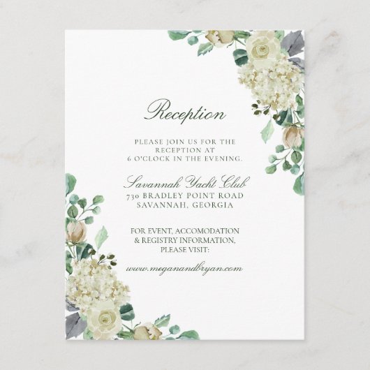 Megan White Roses Greenery Wedding Reception Informatiekaartje (Voorkant)