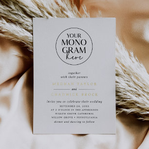 MEGHAN Zwart Wit Gouden Monogram Elegante Trouwdag Folie Uitnodiging