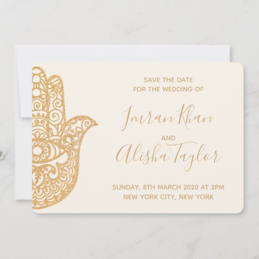 Mehendi Indiase Trouwdag reservering hamsa Henna Save The Date (Voorkant)